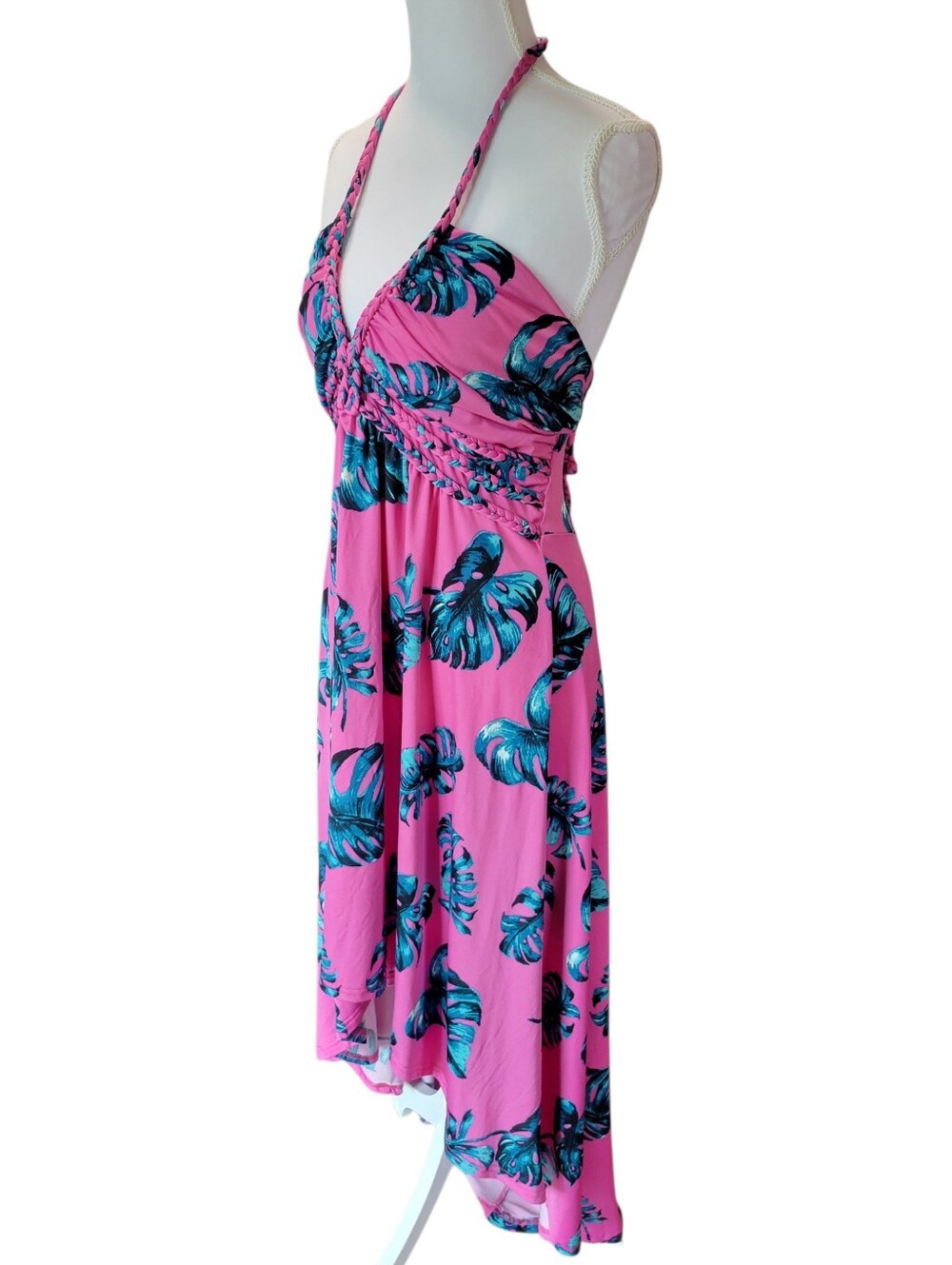 Venus Pink Palm Leaf Braided Halter Strap OpenBack HighLow Hem Resort Wear Dress - Picture 4 of 9